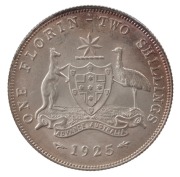 A 1925 set of coins of a very high standard; the&nbsp;Halfpenny: brown uncirculated; the&nbsp;Penny: brown uncirculated; the&nbsp;Threepence,&nbsp;brilliant but baggy; unc.; the&nbsp;Sixpence,&nbsp;uncirculated to choice uncirculated; the&nbsp;Shilling: choice uncirculated; and the&nbsp;Florin, - 2