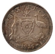 A 1925 set of coins of a very high standard; the&nbsp;Halfpenny: brown uncirculated; the&nbsp;Penny: brown uncirculated; the&nbsp;Threepence,&nbsp;brilliant but baggy; unc.; the&nbsp;Sixpence,&nbsp;uncirculated to choice uncirculated; the&nbsp;Shilling: choice uncirculated; and the&nbsp;Florin, - 5