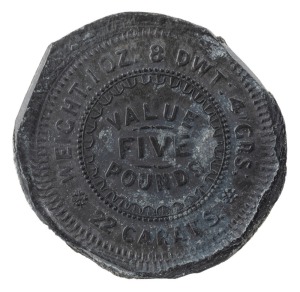 circa 1921 Uniface lead trial of Adelaide £5; believed to be ex le Soeuf and Unique. The Melbourne Mint borrowed the Adelaide £5 dies in the early 1920s, struck some pieces and the lead looks to have aged appropriately.
