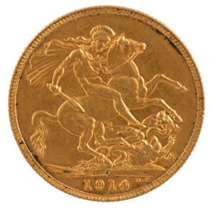 1914 Sovereign, George V, St. George reverse, Perth, EF.