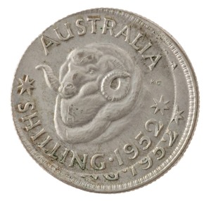 ONE SHILLING, GEORGE VI 1952 double struck error, 2nd strike 10% off centre, EF.