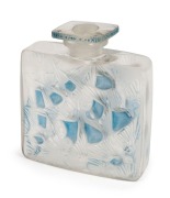 LALIQUE "HIRONDELLES" French Art Deco perfume bottle with blue stained finish, circa 1920, engraved "R. LALIQUE, France", 9cm high