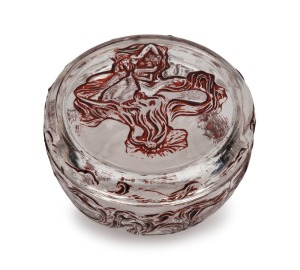 LALIQUE"CREME POT L'ORIGAN" French Art Deco pressed glass lidded pot with red stained finish, stamped "LALIQUEDEPOSE, TRADE MARK COTY FRANCE", 5.5cm high, 9cm diameter