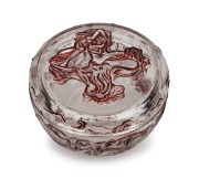LALIQUE"CREME POT L'ORIGAN" French Art Deco pressed glass lidded pot with red stained finish, stamped "LALIQUEDEPOSE, TRADE MARK COTY FRANCE", 5.5cm high, 9cm diameter