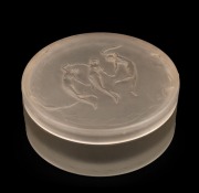 LALIQUE "Three Graces" French frosted glass circular powder box, stamped "D'OSAY", 4cm high, 9.5cm diameter