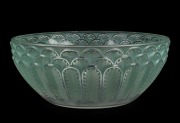 LALIQUE "JAFFA" French Art Deco glass bowl with green stained finish, circa 1932, acid etched mark "R. LALIQUE", 6.5cm high, 16cm diameter