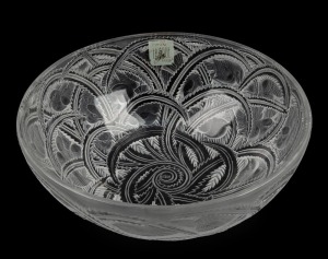 LALIQUE "PINSONS" French frosted glass bowl, engraved "Lalique, France" with original foil label "Crystal Lalique, Paris", 9cm high, 23.5cm diameter