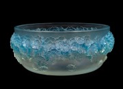 LALIQUE&nbsp;"PRIMEVERES" French Art Deco frosted glass bowl with blue stained finish, circa 1927, stamped "R. LALIQUE, FRANCE", 7cm high, 16.5cm wide