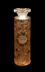 LALIQUE "Cinq Fleurs" (Five Flowers) French glass perfume bottle with brown stained finish, for FORVIL, 10.5cm high