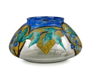 A French Art Deco vase with enamel floral decoration, circa 1920s, signed (illegible), with cross of Lorraine, 8.5cm high, 15.5cm wide