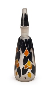 An antique French frosted glass perfume bottle with hand-painted enamel finish, early 20th century, monogram mark to side, 16.5cm high