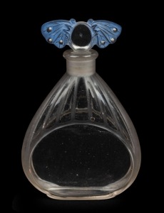 JULIEN VIARD "Blue Lagoon" for DUBARRY French Art Deco glass perfume bottle with blue butterfly stopper, 11cm high