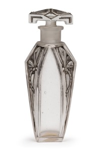 MAVIS VIVAUDOU "LADY MASY" French Art Nouveau glass perfume bottle with dragonfly decoration and original grey patinated finish, circa 1915, 12.5cm high