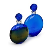 WORTH "SAN LA NUIT" group of two French blue glass eau de toilette bottles, both stamped "R. LALIQUE&nbsp;CREATION", 10.5cm and 9.5cm high