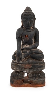 An antique Khmer carved wood seated Buddha statue, 18th/19th century, ​​​​​​​32cm high