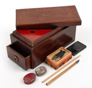 An antique Chinese elm scholar's box with contents, 19th century, ​​​​​​​12cm high, 12cm wide, 24cm deep