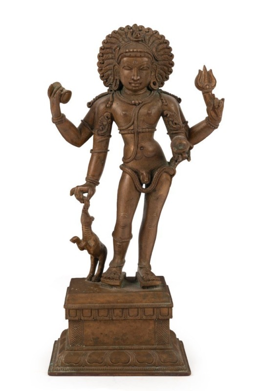 An antique Indian cast bronze statue of a standing nude male figure adorned with a snake, 19th century, 22cm high