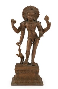 An antique Indian cast bronze statue of a standing nude male figure adorned with a snake, 19th century, 22cm high