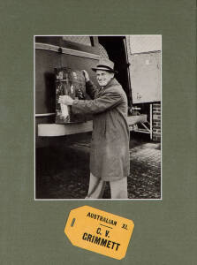 CLARRIE GRIMMETT'S SUITCASE: Leather case with presentation plaque inside engraved "To Clarrie, from Roy, Pom, Frank, Eric & Bob, 14.1.26", remnants of numerous labels, regulation green and yellow bands painted on (heavily rubbed & handle broken), size 61