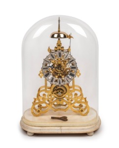 EVANS OF HANSWORTH antique English skeleton clock with scroll frames, six spoke wheel work, chain fusee passing strike time only movement with half deadbeat escapement, ebony pendulum rod, cylindrical temperature compensating pewter bob, under glass dome sitting on a Carrara marble base, 19th century, 55cm high.