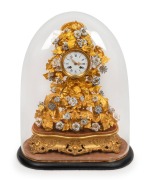 A stunning antique French mantle clock in glass dome, with floral porcelain&nbsp;and gold&nbsp; leaf decoration, 8 day time and bell striking movement, 19th century, 55cm high.