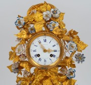 A stunning antique French mantle clock in glass dome, with floral porcelain&nbsp;and gold&nbsp; leaf decoration, 8 day time and bell striking movement, 19th century, 55cm high. - 2