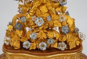 A stunning antique French mantle clock in glass dome, with floral porcelain&nbsp;and gold&nbsp; leaf decoration, 8 day time and bell striking movement, 19th century, 55cm high. - 3