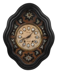 An antique Continental vineyard clock in shaped ebonized wall mounted case, 19th century 62cm high