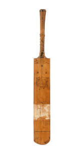 BILL WOODFULL, match used "Wm Sykes - Roy Kilner" Cricket Bat, signed "W.M.Woodfull" in the ownership position. Poor/Fair condition (missing twine & rubber from handle, and blade showing signs of very heavy usage). From the 1926 Ashes Series, Woodfull's f