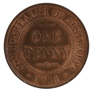 GEORGE V, 1911 Penny, uncirculated; some bagmarks, but much remaining lustre.