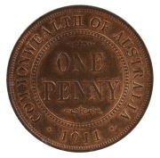 GEORGE V, 1911 Penny, uncirculated; some&nbsp;bagmarks, but much remaining lustre.