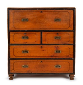 An antique Anglo-Chinese campaign secretaire chest in camphor wood with ebony stringing and reeded mouldings, circa 1845, 104cm high, 95cm wide, 42cm deep