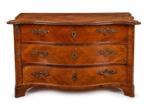 An antique French parquetry olive wood veneer three drawer commode with serpentine front and cross grained mouldings, circa 1760. PROVENANCE: John Dunn Antiques, 82cm high, 133cm wide, 56cm deep