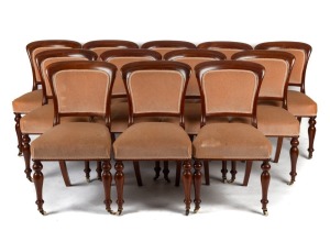 A set of twelve antique English mahogany dining chairs with brown velvet upholstery and porcelain castors, 19th century,