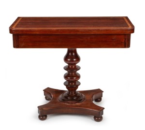 An early Colonial Australian tea table with fold-over top, constructed from solid slabs of casuarina and cedar, circa 1840, 75cm high, 92cm wide, 45cm deep (closed)