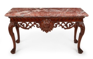 A fine quality George II style English side table in the manner of William Kent, carved mahogany with red marble top, 20th century, ​​​​​​​80cm high, 147cm wide, 58cm deep