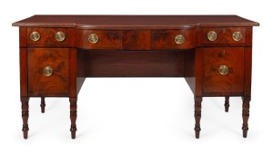 An antique Georgian six leg sideboard, flame mahogany veneer with ebony string inlay, most likely Scottish origin, circa 1800, 91cm high, 184cm wide, 74cm deep