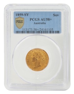 1859 Sydney Mint  Sovereign, Type II, PCGS AU58+.