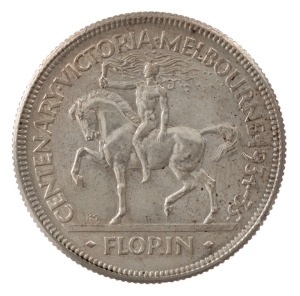 1934-35 Centenary Florin, Unc; accompanied by an original Foy & Gibson bag (with hand-written instructions for the care of the coin on the reverse.). (2 items).