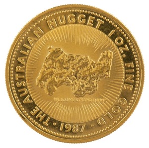 1987 $100 "Welcome Stranger" 1oz gold proof from the Famous Nugget Series.