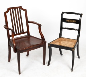 An antique Sheraton mahogany armchair, together with a Regency style side chair with ebonized finish, 19th and 20th century, (2 items), the armchair 96cm high