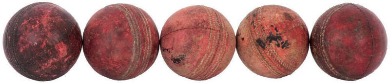 CRICKET BALLS: Bill Woodfull's collection of match-used Cricket Balls, noted one endorsed "Sydney. 1929 v England"; two Bodyline cricket balls, endorsed "1st Test Sydney v Eng 1932" & "4th Test v Eng '33 Brisbane"; plus two unidentified. Accompanied by a