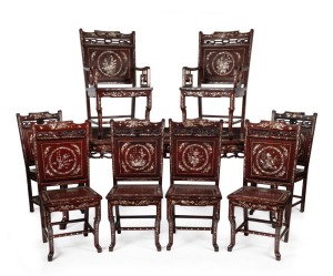 An exceptional quality vintage Chinese rosewood dining table and 8 chairs including two carvers, profusely inlaid with cut and engraved mother of pearl decoration, 20th century, (9 items), ​​​​​​​the table 80cm high, 198cm wide, 101cm deep