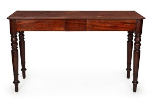 An antique Colonial Australian cedar servery table with two drawers, bull nose moulded edge and double tulip turned tapered legs, full cedar construction, New South Wales origin, circa 1845, 90cm high,152cm wide, 55cm deep