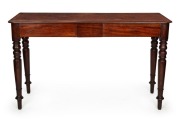 An antique Colonial Australian cedar servery table with two drawers, bull nose moulded edge and double tulip turned tapered legs, full cedar construction, New South Wales origin, circa 1845, 90cm high,152cm wide, 55cm deep