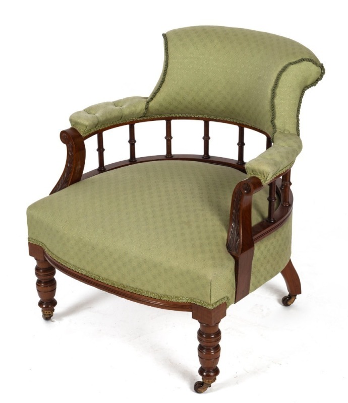 An antique English walnut salon chair with green upholstery, late 19th century, 66cm across the arms