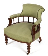 An antique English walnut salon chair with green upholstery, late 19th century, 66cm across the arms
