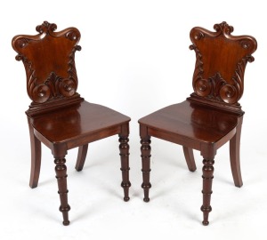 A pair of William IV mahogany hall chairs, circa 1840, 85cm high, 41across the seats