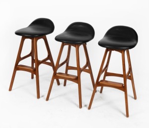 A set of three vintage Danish style bar stools with black leather upholstery, mid 20th century, 77cm high