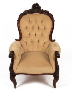 A gent's antique cedar chair, scroll arms with foliate scroll crest to the back, South Australian origin, circa 1870